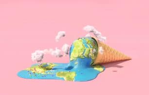 Global warning and climate change. Planet as melting ice cream under hot sun on a pink background. 3d illustration