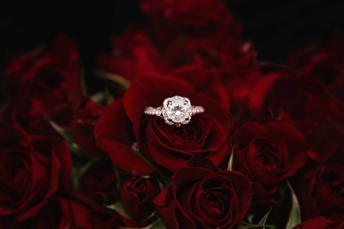 diamond ring in red roses