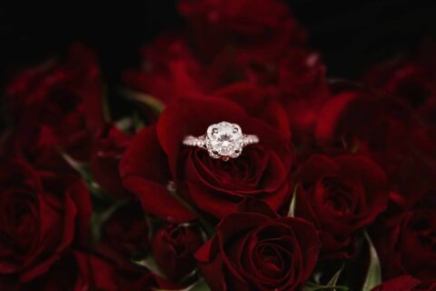 diamond ring in red roses
