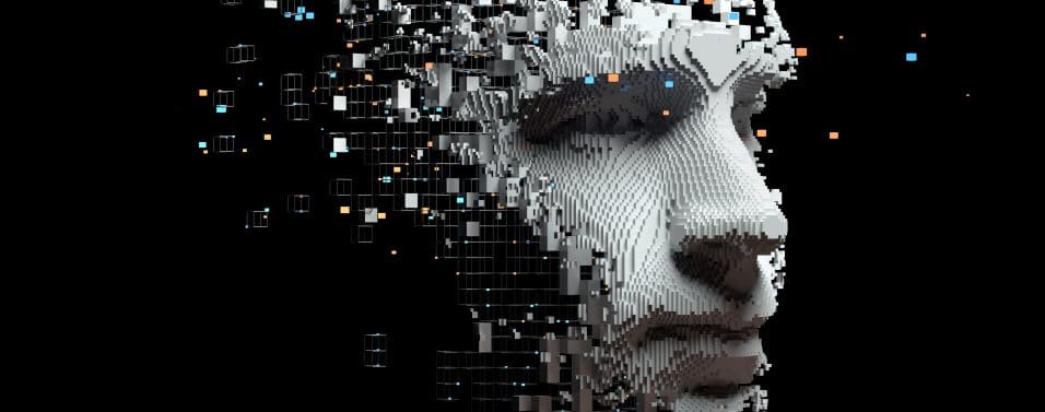 Abstract digital human face. Artificial intelligence concept of big data or cyber security. 3D illustration