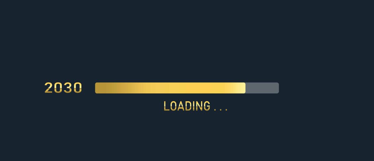 Golden loading progress bar of 2030, happy new year isolated on dark background.