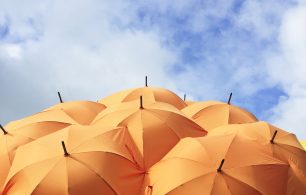 A cluster of orange umbrellas offering water proof protection from a cloudy sky