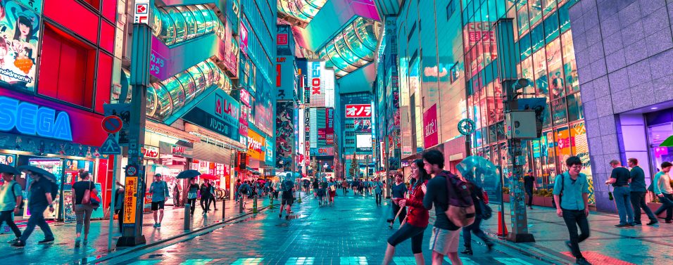 A Japanese cityscape with a neon blue lighting