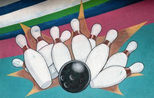 a painting of a black bowling ball hitting a target of 10 white bowling pins