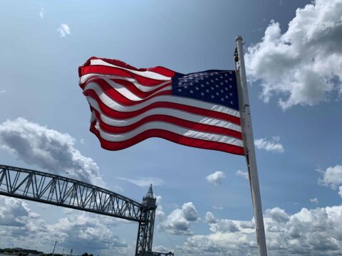 The US flag waving in the wind