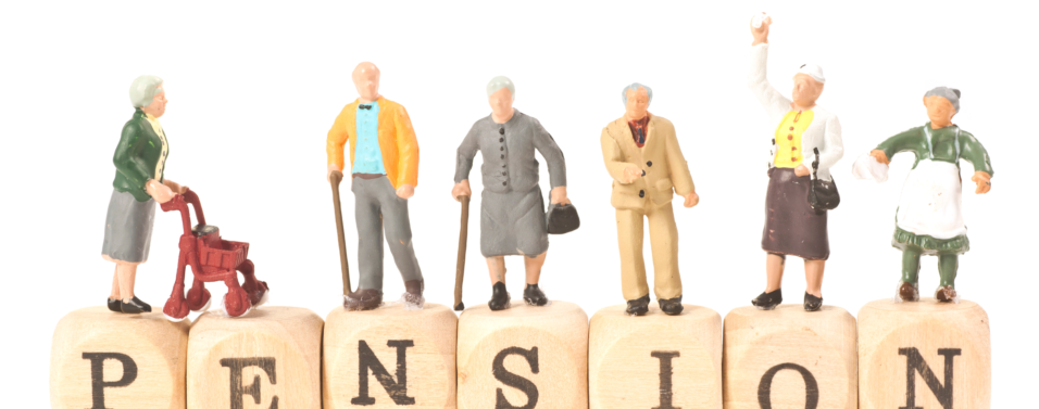 model figures of old people standing on dice saying pensions