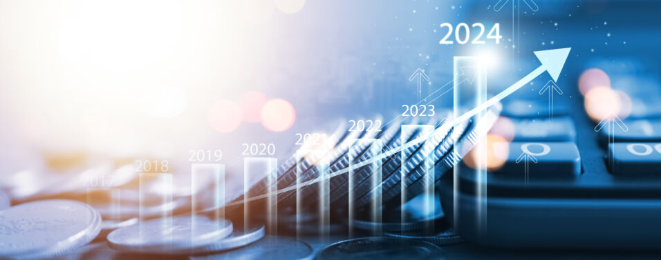 Coin drop 2024 new year business growth chart, positive indicator 2024, global company competitiveness, businessman calculating financial data for long term investment.